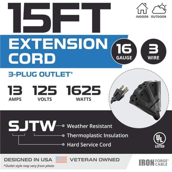 3 Outlet Outdoor Extension Cord 15 ft, 16/3 SJTW Black Extension Cord - Picture 2 of 7